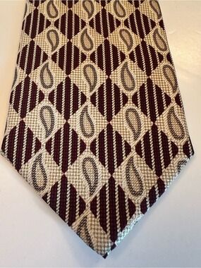RETRO 100% SILK MEN'S TIE BROWN & CREAM  PAISLEY PRINTED WIDE SILK TIE